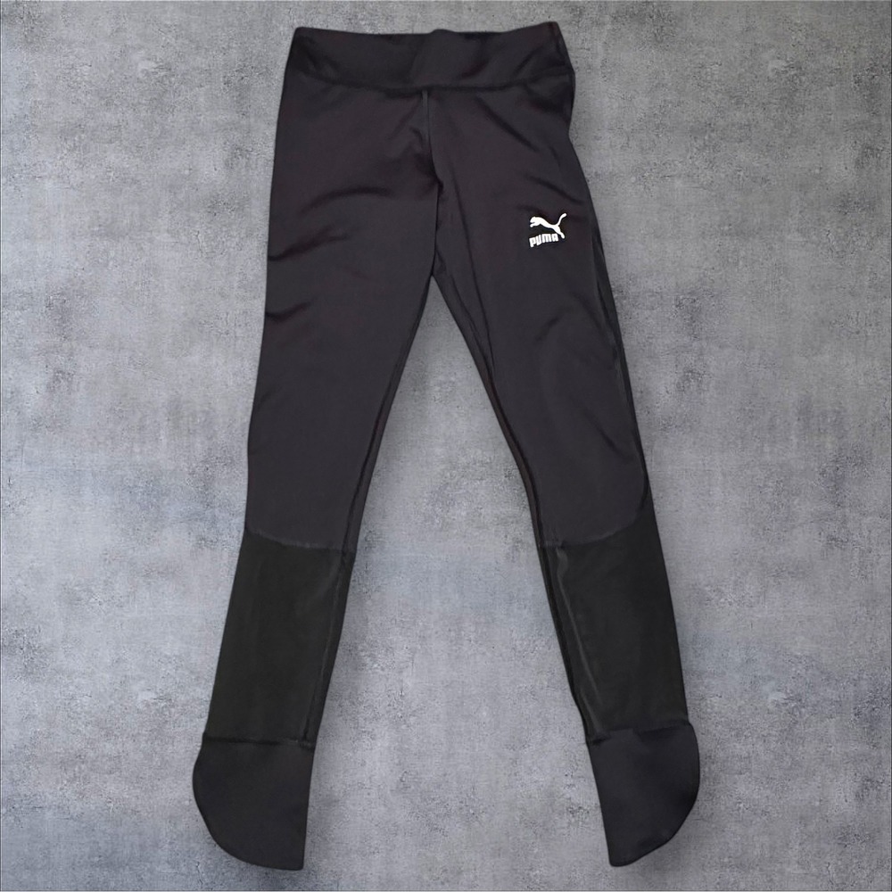 Puma Womens Black Athletic Training Leggings‎ Mesh Panels Logo Size M